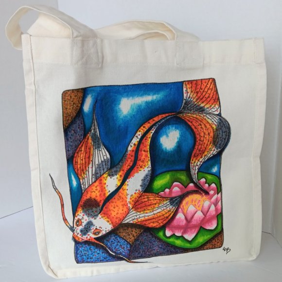 Hand-Painted Koi Fish Canvas Tote Bag: Lotus Pond Reusable Bag 14x13x7 inches - Picture 7 of 10